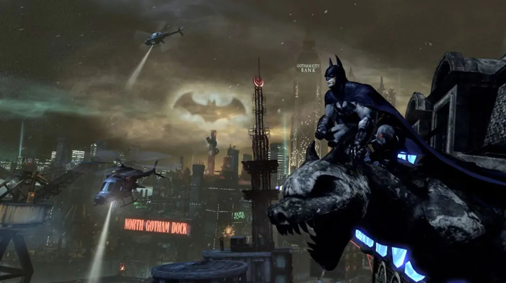 Batman Arkham City Game of the Year Edition video game featuring Batman action adventure gameplay open world Gotham City exploration stealth combat detective investigations iconic DC villains Catwoman playable missions gadgets combat combos and bonus downloadable content superhero gaming experience retro video game collection collectible gaming appeal gameplay