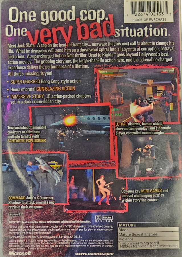 Dead to Rights Platinum Hits Xbox XBOX for action shooter video game fans featuring third person combat cinematic police storyline intense gunfights hand to hand combat K9 companion gameplay slow motion action urban crime missions collectible gaming appeal back cover art