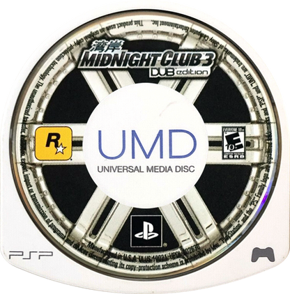 Midnight Club 3 DUB Edition for PlayStation Portable, cartridge for an open-world racing video game with street racing gameplay, car customization, fast-paced driving, and urban environments