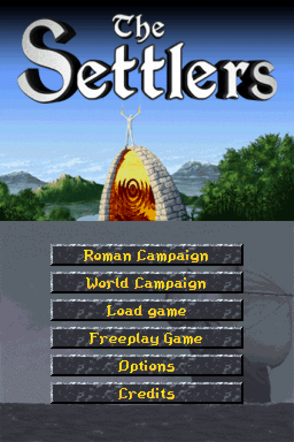 The Settlers start screen for Nintendo DS (DS) strategy simulation video game