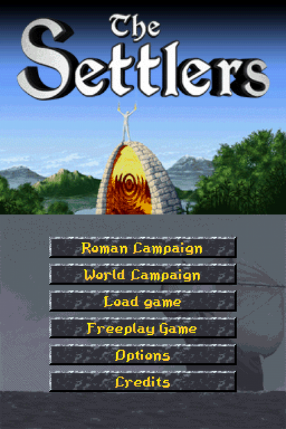 The Settlers start screen for Nintendo DS (DS) strategy simulation video game