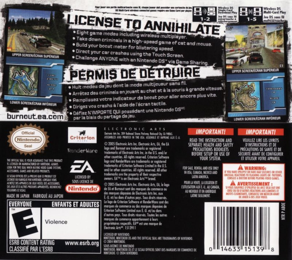 Burnout Legends back of case for Nintendo DS (DS) arcade racing video game