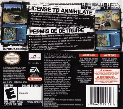 Burnout Legends back of case for Nintendo DS (DS) arcade racing video game
