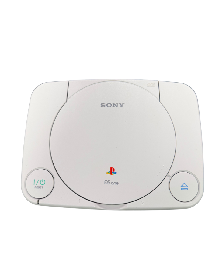 Top down view of a Sony PSone slim console showing disc lid, logo, and button layout.