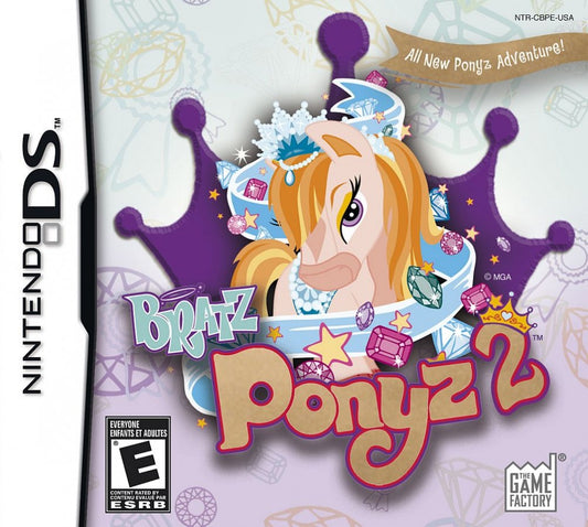 Bratz Ponyz 2 Nintendo DS video game, horse care and adventure gameplay, fashion and exploration, family-friendly handheld console title front cover