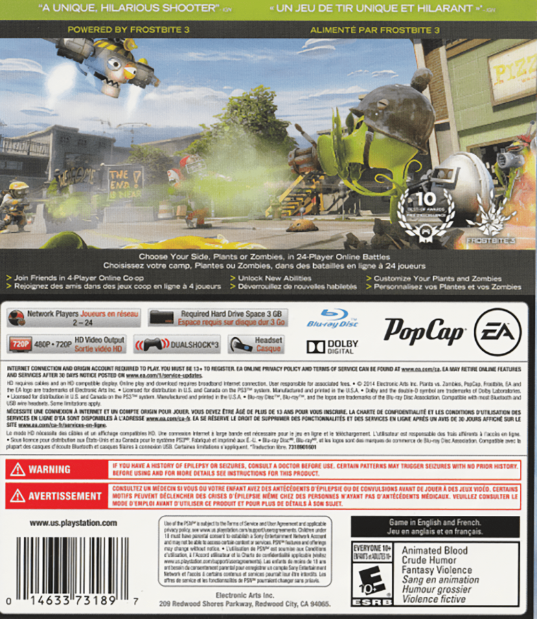 Plants vs Zombies: Garden Warfare back cover art for PlayStation 3 (PS3) video game