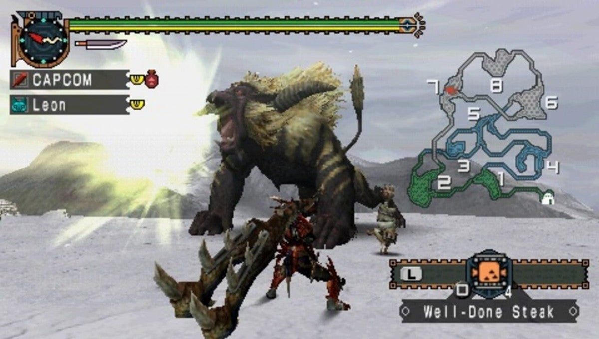 Monster Hunter Freedom Unite PlayStation Portable PSP video game, action RPG, cooperative monster hunting, expanded content edition, handheld console title gameplay screenshot