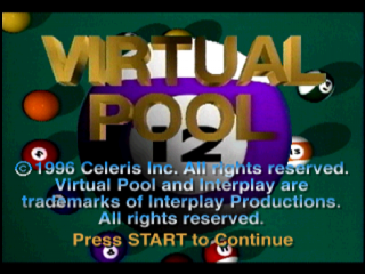 Virtual Pool PlayStation 1 PS1 video game, realistic billiards simulation, cue sports gameplay, classic console title main menu title screen