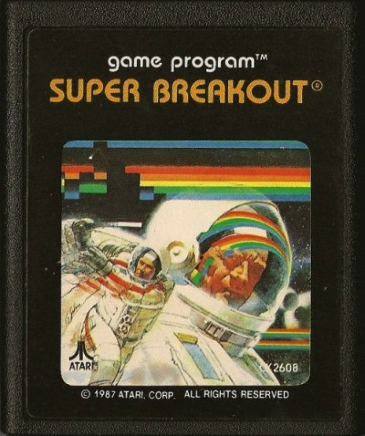 Super Breakout retro Atari 2600 video game featuring arcade brick breaker gameplay, paddle ball action, multiplayer challenges and classic Atari entertainment - cartridge