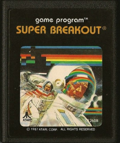 Super Breakout retro Atari 2600 video game featuring arcade brick breaker gameplay, paddle ball action, multiplayer challenges and classic Atari entertainment - cartridge