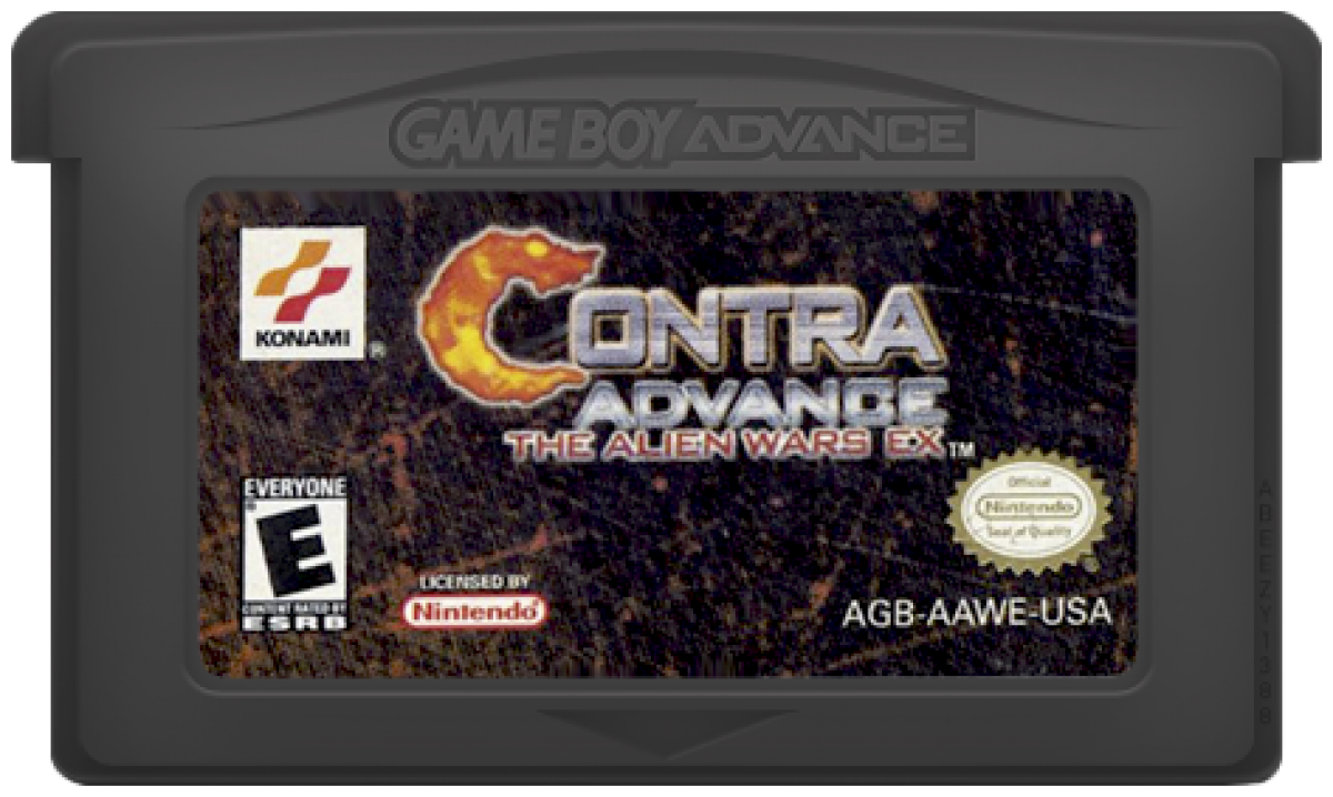 Contra Advance The Alien Wars EX for Game Boy Advance, cartridge for a run-and-gun shooter video game with side-scrolling gameplay, fast-paced combat, alien enemies, and classic arcade-style action