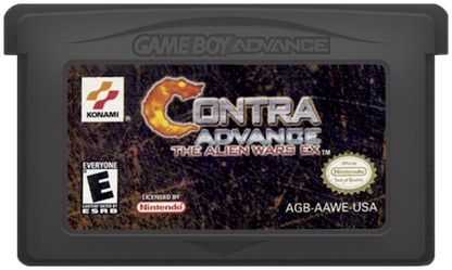 Contra Advance The Alien Wars EX for Game Boy Advance, cartridge for a run-and-gun shooter video game with side-scrolling gameplay, fast-paced combat, alien enemies, and classic arcade-style action