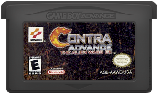 Contra Advance The Alien Wars EX for Game Boy Advance, cartridge for a run-and-gun shooter video game with side-scrolling gameplay, fast-paced combat, alien enemies, and classic arcade-style action