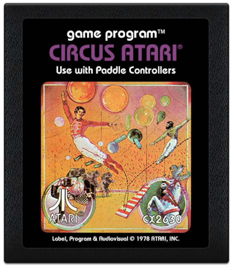 Circus Atari retro Atari 2600 video game featuring arcade carnival gameplay, trampoline action, balloon popping challenges and classic Atari entertainment - cartridge