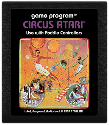Circus Atari retro Atari 2600 video game featuring arcade carnival gameplay, trampoline action, balloon popping challenges and classic Atari entertainment - cartridge