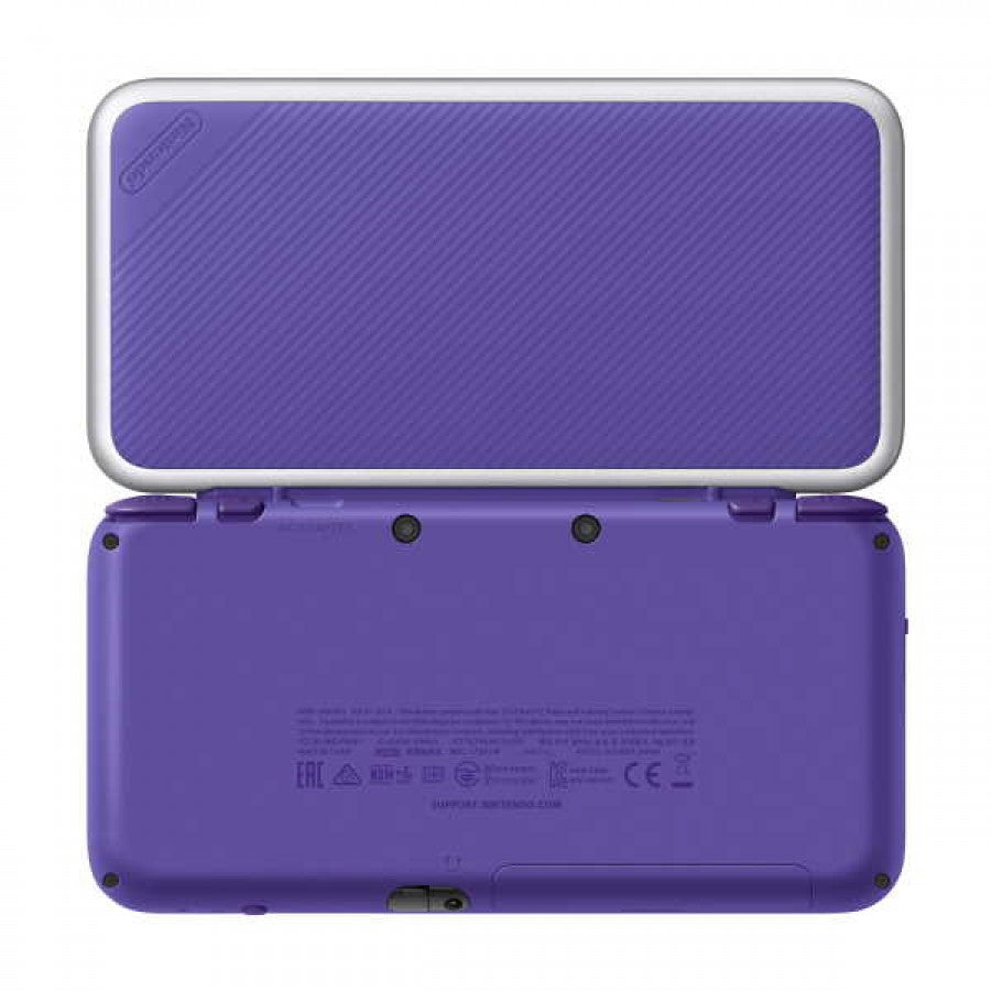 Retro Purple New Nintendo 2DS XL handheld console aesthetic featuring dual screen portable gaming system vibrant purple shell compact foldable design Nintendo handheld nostalgia collectible gaming hardware style open back of console