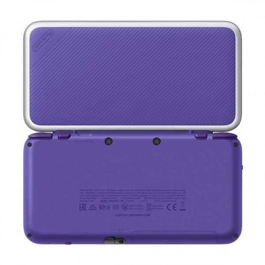 Retro Purple New Nintendo 2DS XL handheld console aesthetic featuring dual screen portable gaming system vibrant purple shell compact foldable design Nintendo handheld nostalgia collectible gaming hardware style open back of console