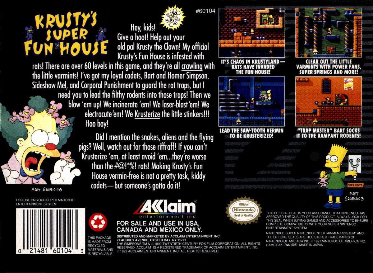 Krustys Super Fun House Super Nintendo Entertainment System SNES puzzle platformer video game Krusty the Clown The Simpsons license pest control maze building Acclaim cartoon license mice traps pie factory back cover
