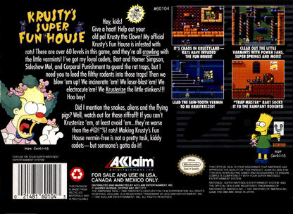 Krustys Super Fun House Super Nintendo Entertainment System SNES puzzle platformer video game Krusty the Clown The Simpsons license pest control maze building Acclaim cartoon license mice traps pie factory back cover