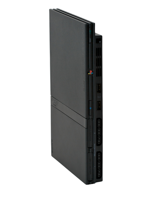 Vertical view of a Sony PlayStation 2 Slim console standing upright, showing the front face with disc tray, power and reset buttons, controller ports, and memory card slots.