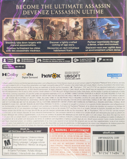 Assassin’s Creed Mirage PS5 game featuring stealth-focused action, parkour-based exploration, and a story-driven return to classic Assassin’s Creed gameplay on PlayStation 5 back cover