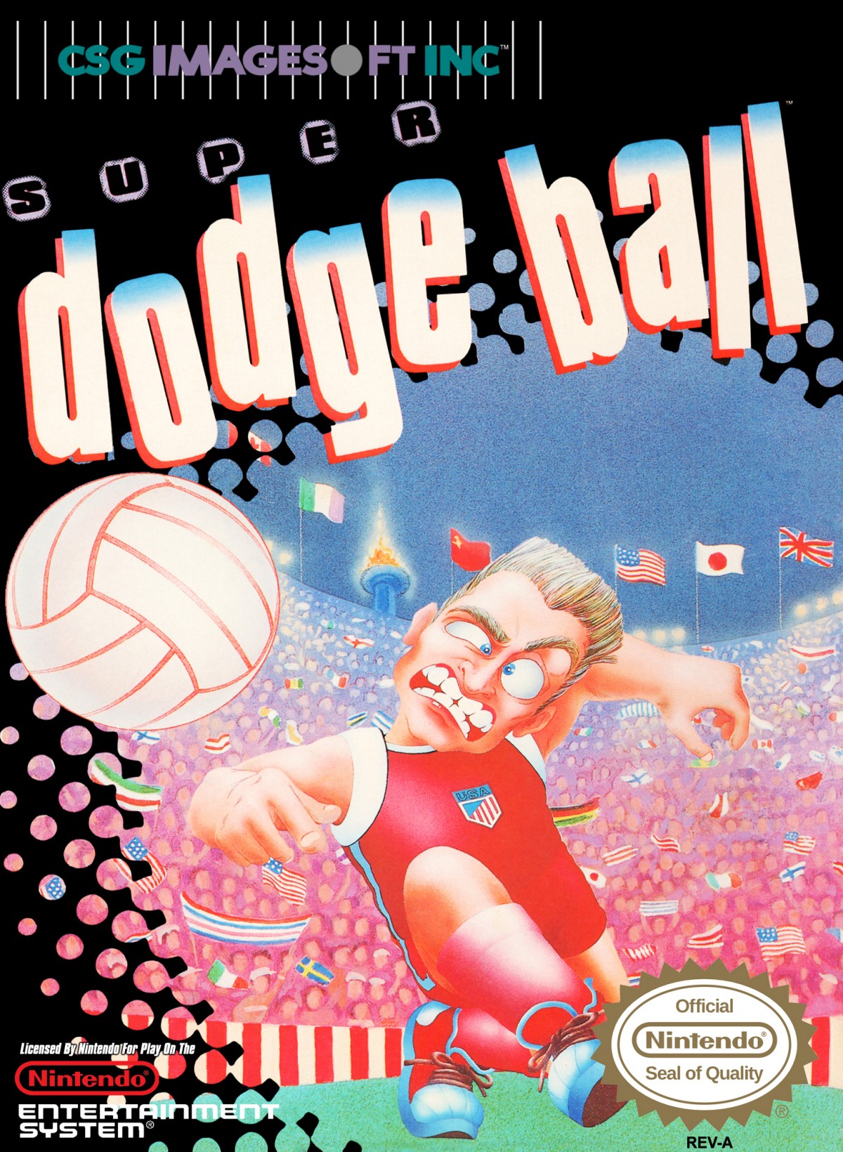 Super Dodge Ball cartridge for the Nintendo Entertainment System featuring 8 bit sports action with fast paced dodgeball gameplay multiple teams and competitive multiplayer matches front cover