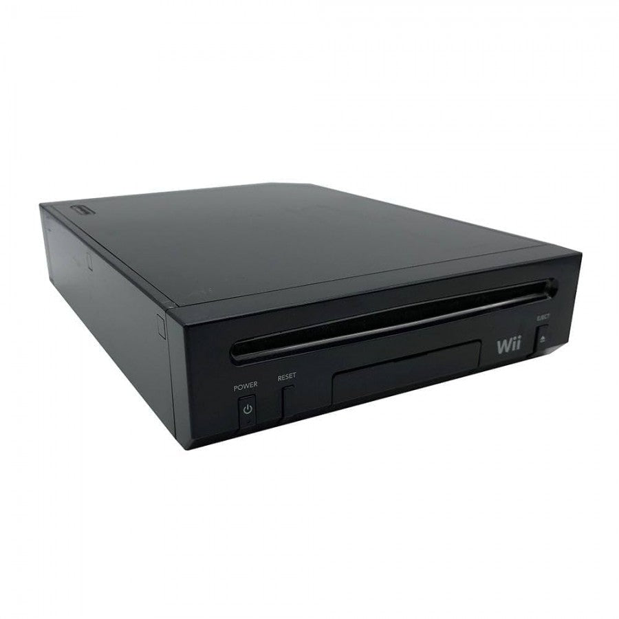 Angled front view of the black Wii Family Edition console positioned horizontally, showing the disc slot, power, reset, and eject buttons along with part of the side panel.