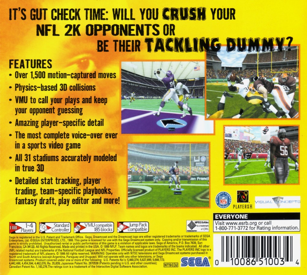 NFL 2K Sega All Stars Dreamcast game featuring arcade-style football gameplay and classic Sega sports presentation back cover