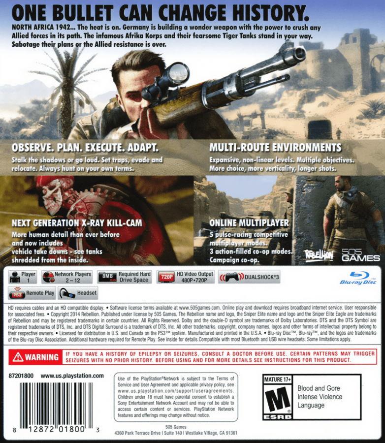 Sniper Elite III back cover art for PlayStation 3 (PS3) video game