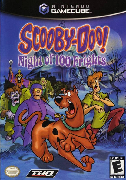 Scooby-Doo!: Night of 100 Frights for GameCube (GC) at Gamers INC, featuring a spooky 3D platforming adventure where you play as Scooby-Doo searching for the rest of the Mystery Inc. gang in the haunted Mystic Manor, collecting Scooby Snacks, unlocking fun power-ups, and facing off against classic villains from the original cartoon series front cover