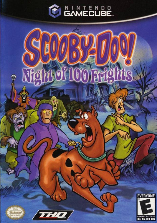 Scooby-Doo!: Night of 100 Frights for GameCube (GC) at Gamers INC, featuring a spooky 3D platforming adventure where you play as Scooby-Doo searching for the rest of the Mystery Inc. gang in the haunted Mystic Manor, collecting Scooby Snacks, unlocking fun power-ups, and facing off against classic villains from the original cartoon series front cover