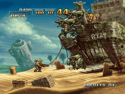 Metal Slug 3 Xbox run and gun arcade shooter video game SNK Neo Geo side-scrolling action multiple branching paths player selectable characters Marco Eri Fio Germi Tarma Roving heavy machine gun shotgun flame shot rocket launcher enemy vehicles slug tank flying submarine camel slave zombie transformation aliens mummies yetis hidden missions unlimited continues cooperative gameplay classic 2D sprite animation challenging difficulty gameplay screenshot