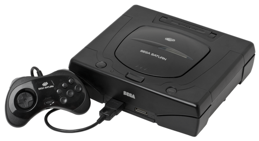 Sega Saturn console featuring classic 90s design and retro CD-based gaming system view with controller