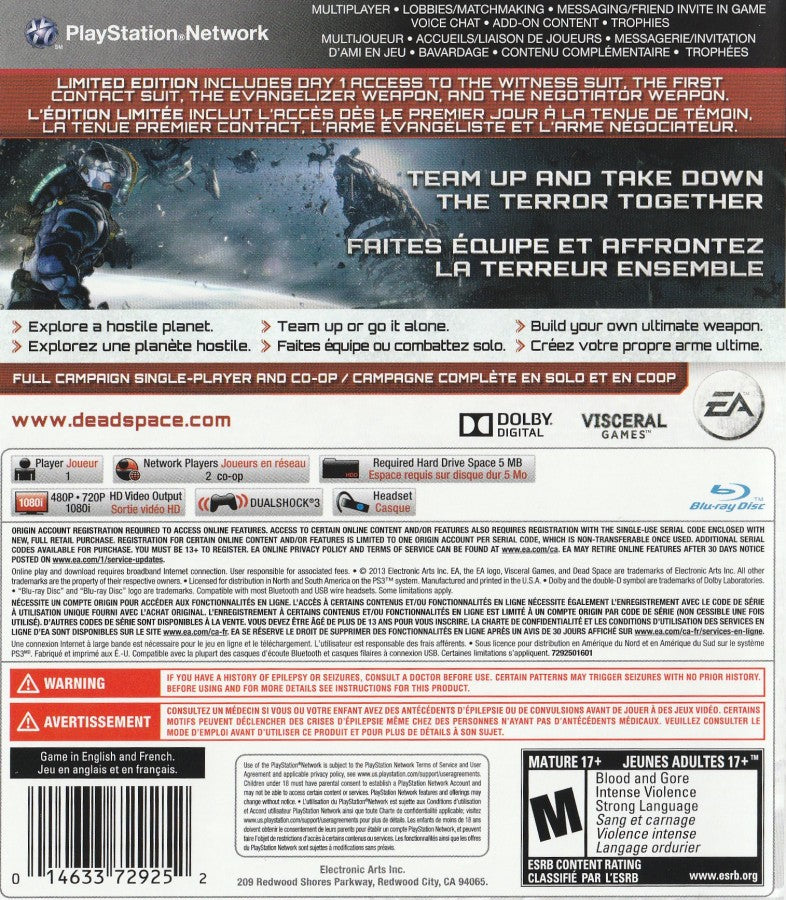 Dead Space 3 [Limited Edition] back cover art for PlayStation 3 (PS3) video game