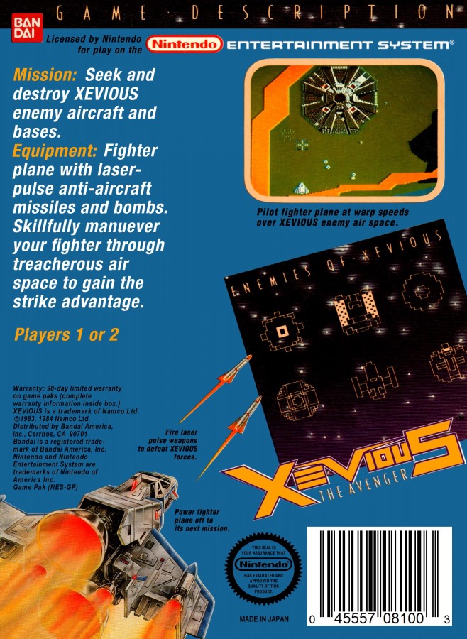 Xevious Nintendo Entertainment System NES for arcade shooter video game fans featuring vertical scrolling space combat air and ground attacks futuristic enemy forces power ups challenging stages classic Namco gameplay retro Nintendo entertainment collectible gaming appeal back cover art