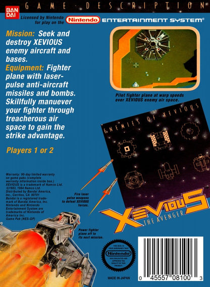 Xevious Nintendo Entertainment System NES for arcade shooter video game fans featuring vertical scrolling space combat air and ground attacks futuristic enemy forces power ups challenging stages classic Namco gameplay retro Nintendo entertainment collectible gaming appeal back cover art
