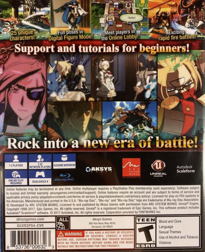 Guilty Gear Xrd Rev 2 PlayStation 4 fighting video game Arc System Works 2.5D cel-shaded graphical style anime-inspired characters Sol Badguy Ky Kuke Jack-O Venom Answer Baiken roster refined combat mechanics dramatic finishes story mode missions online multiplayer GGPO netcode training mode combo trials back cover