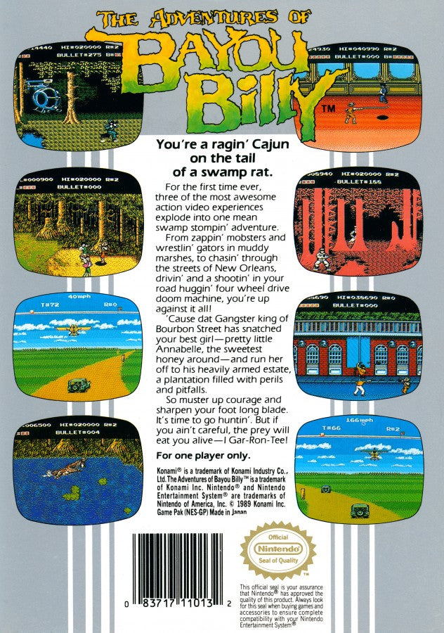 The Adventures of Bayou Billy cartridge for the Nintendo Entertainment System featuring 8 bit action gameplay with beat em up driving and shooting segments set in the Louisiana bayou with challenging arcade style difficulty back cover