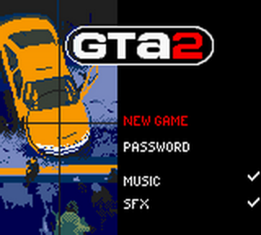 Grand Theft Auto 2 GTA2 Nintendo Game Boy Color GBC for action adventure retro video game fans featuring top down open world gameplay vehicle theft criminal missions fast paced combat urban exploration classic handheld gaming collectible gaming appeal title screen