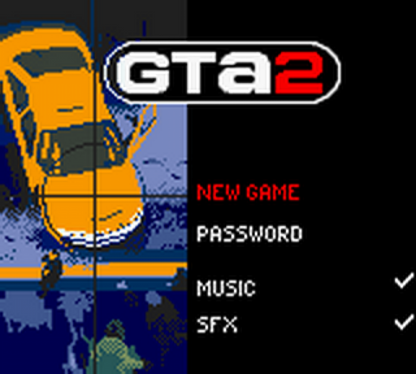 Grand Theft Auto 2 GTA2 Nintendo Game Boy Color GBC for action adventure retro video game fans featuring top down open world gameplay vehicle theft criminal missions fast paced combat urban exploration classic handheld gaming collectible gaming appeal title screen