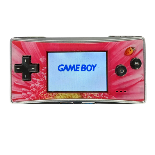 Nintendo Game Boy Micro System with Ladybug Flower Faceplate GB Micro handheld console featuring compact portable design colorful Ladybug Flower faceplate interchangeable faceplate styling built in controls bright screen rechargeable battery and classic Game Boy Advance game compatibility collectible Nintendo handheld gaming appeal