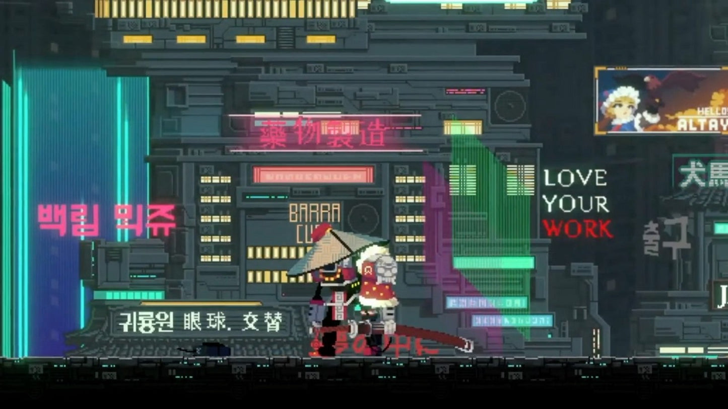 SANABI Nintendo Switch inspired design featuring cyberpunk action platform adventure aesthetic high speed grappling hook traversal dystopian futuristic cityscapes intense side scrolling combat pixel art visuals emotional storytelling challenging missions and stylish sci fi gameplay presentation gameplay 
