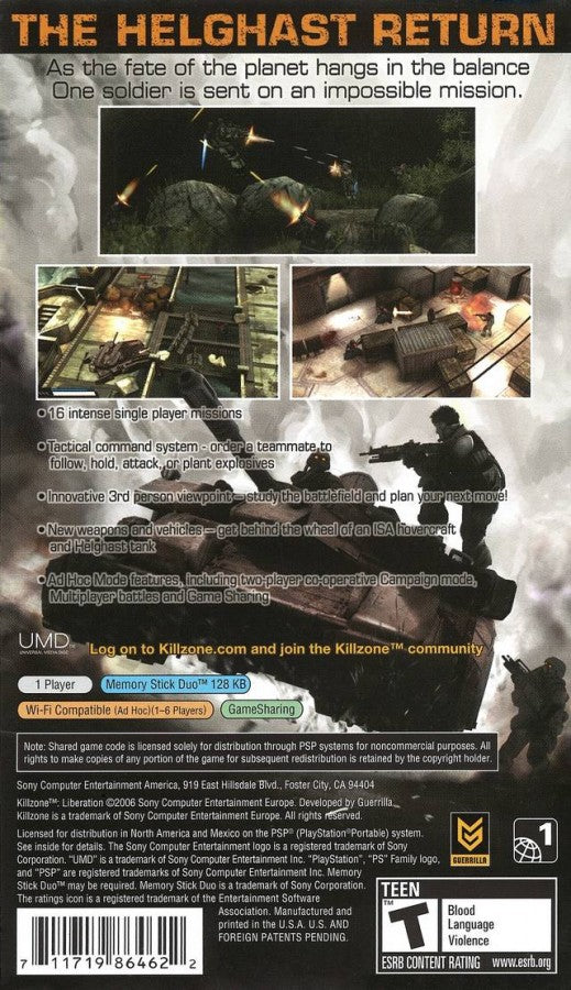 Killzone: Liberation back of case for PlayStation Portable (PSP) third-person shooter game