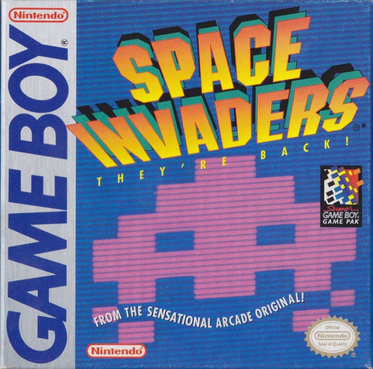 Space Invaders for Game Boy, cover image for an arcade shooter video game with alien invasion gameplay, wave-based enemies, score challenges, and classic retro action