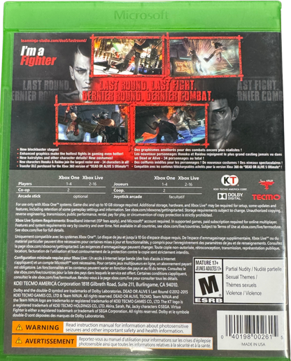 Dead or Alive 5 Last Round Xbox One XONE video game featuring 3D fighting gameplay iconic Dead or Alive characters martial arts combat fast paced battles counter attacks combo moves interactive stages destructible environments character costumes competitive multiplayer matches and enhanced Last Round edition content retro video game collection collectible gaming appeal back cover art