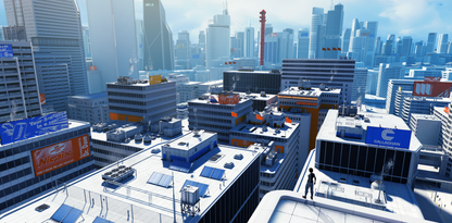 Mirrors Edge Xbox 360 video game featuring first person parkour gameplay fluid free running combat futuristic city environments and critically acclaimed EA action adventure title gameplay