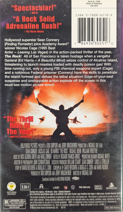 The Rock [PSP Movie] for PlayStation Portable (PSP) at Gamers INC, featuring the high-octane Michael Bay action blockbuster on Universal Media Disc (UMD) Video, where you follow a chemical weapons expert and a former SAS operative as they infiltrate Alcatraz to stop a rogue general—delivering explosive, cinematic entertainment optimized for the PSP’s vibrant handheld screen back cover