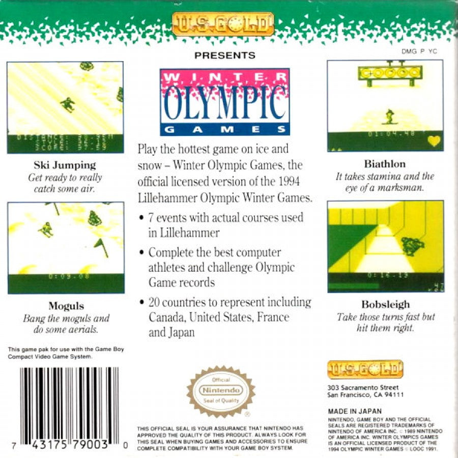 Winter Olympic Games Lillehammer 94 Game Boy GB back of case for retro video game enthusiasts featuring multi event sports gameplay winter Olympic competition alpine skiing speed skating ski jumping and track events simple arcade style controls and portable handheld classic sports gaming experience and collectible gaming appeal