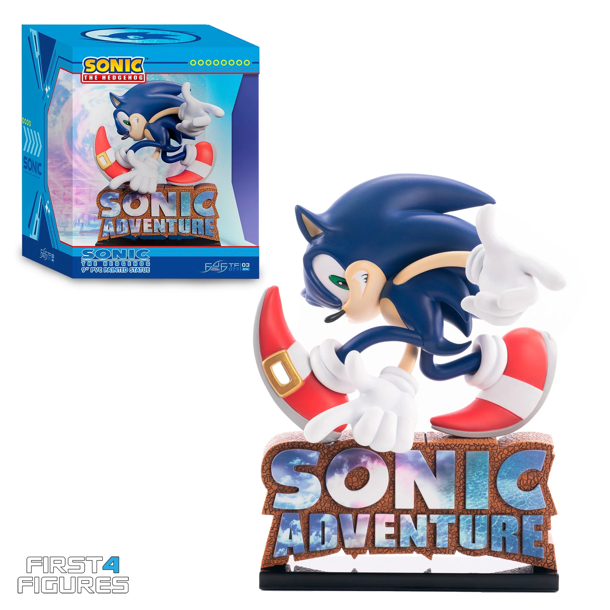 Sonic the Hedgehog First 4 Figures 9 inch statue featuring a dynamic running pose with detailed sculpt vibrant blue coloring themed display base inspired by the Sonic Adventure series and high quality collectible design for display
