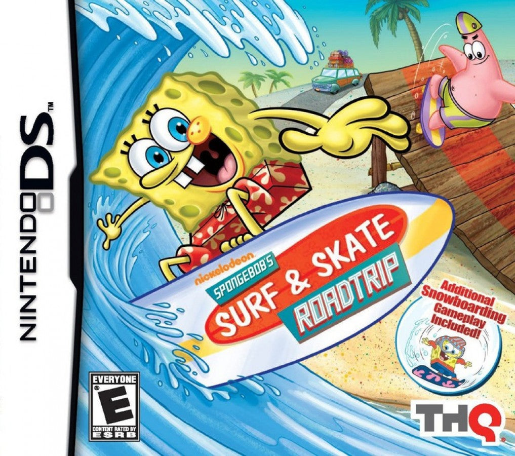 SpongeBob Surf & Skate: Roadtrip for Nintendo DS sports adventure game featuring skateboarding and surfing challenges, colorful Bikini Bottom levels, mini games, and stylus controlled family friendly gameplay experience cover